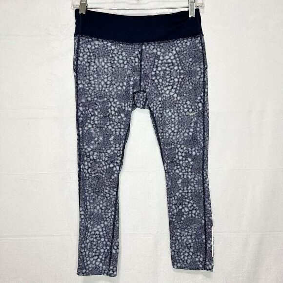 Nike Dri-Fit Navy Light Blue Printed Cropped Running Leggings Sz S (26x22) - Picture 1 of 7